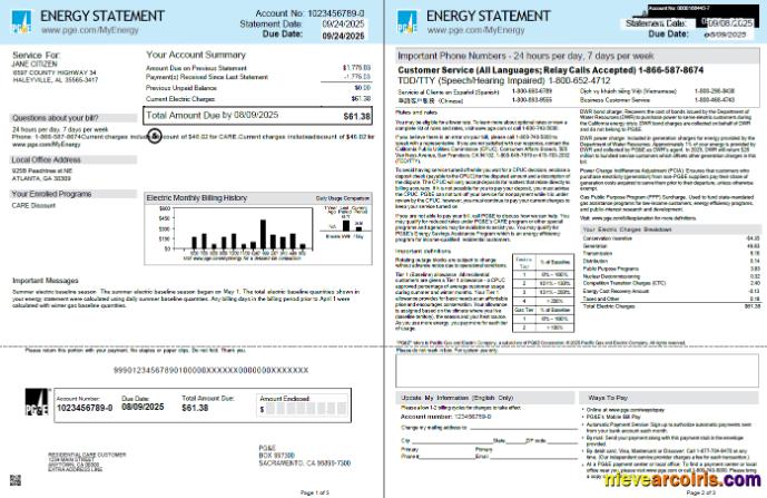 USA PG&E utility bill, 3 pages, 1-2 pages